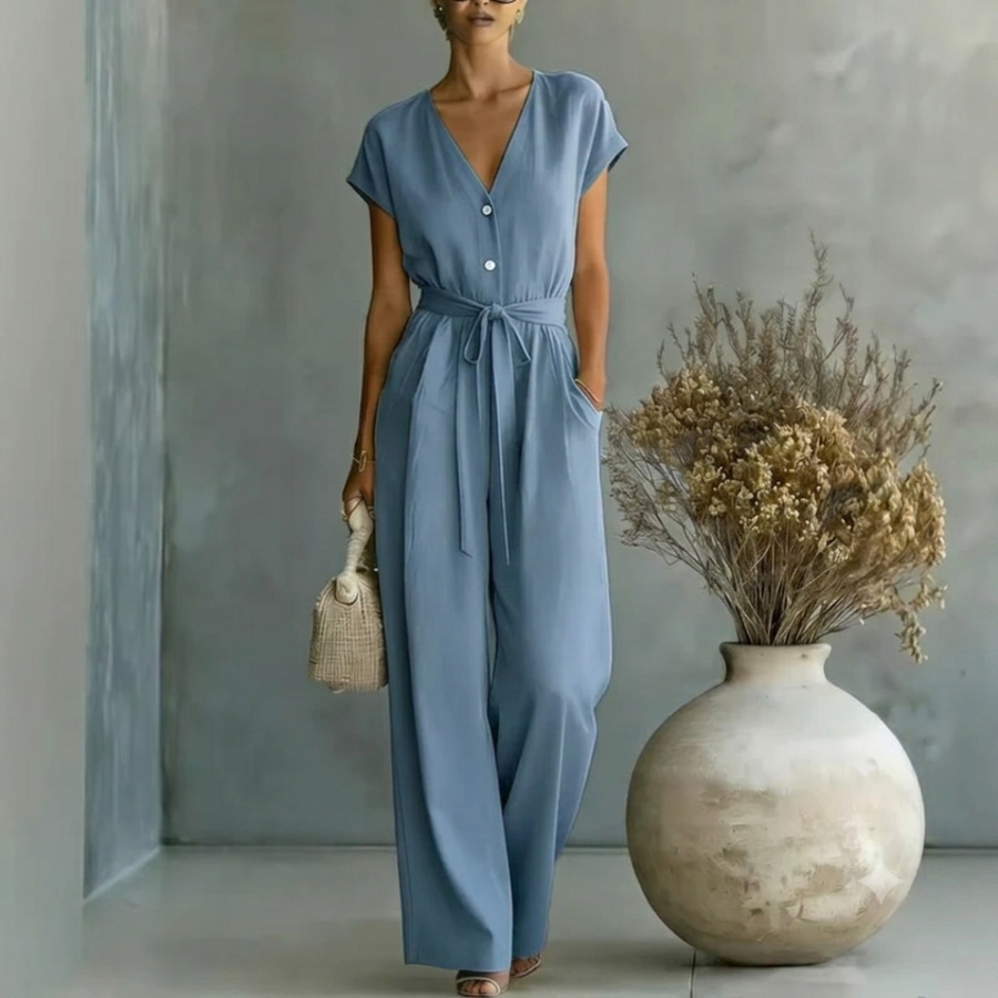 Women's Black Wide Leg Jumpsuit | Elegant V-Neck Relaxed Fit Outfit 1