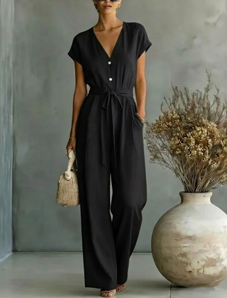 Women's Black Wide Leg Jumpsuit | Elegant V-Neck Relaxed Fit Outfit 4