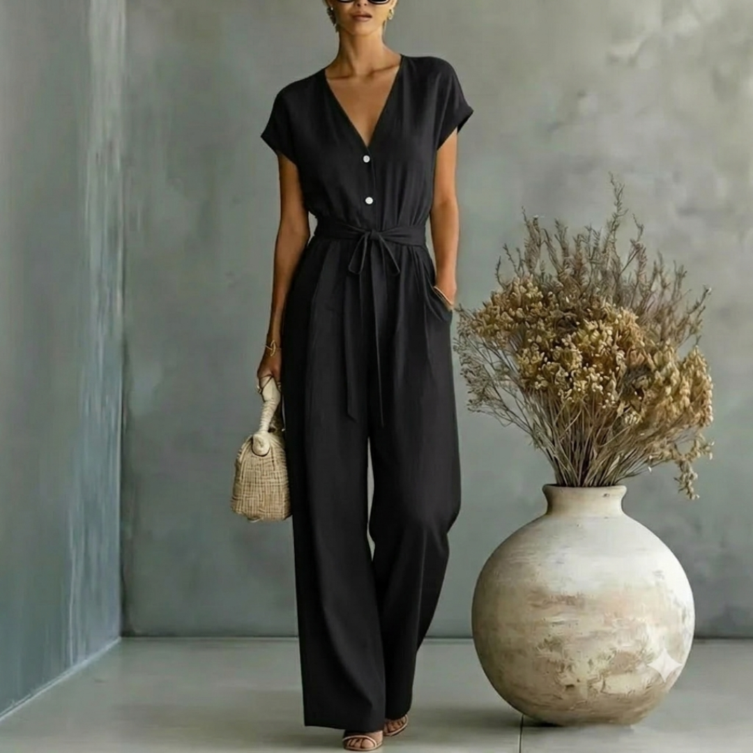 Women's Black Wide Leg Jumpsuit | Elegant V-Neck Relaxed Fit Outfit 4