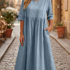 Women's Breathable Linen A-Line Midi Dress | Elegant Relaxed Fit Summer Dress 0