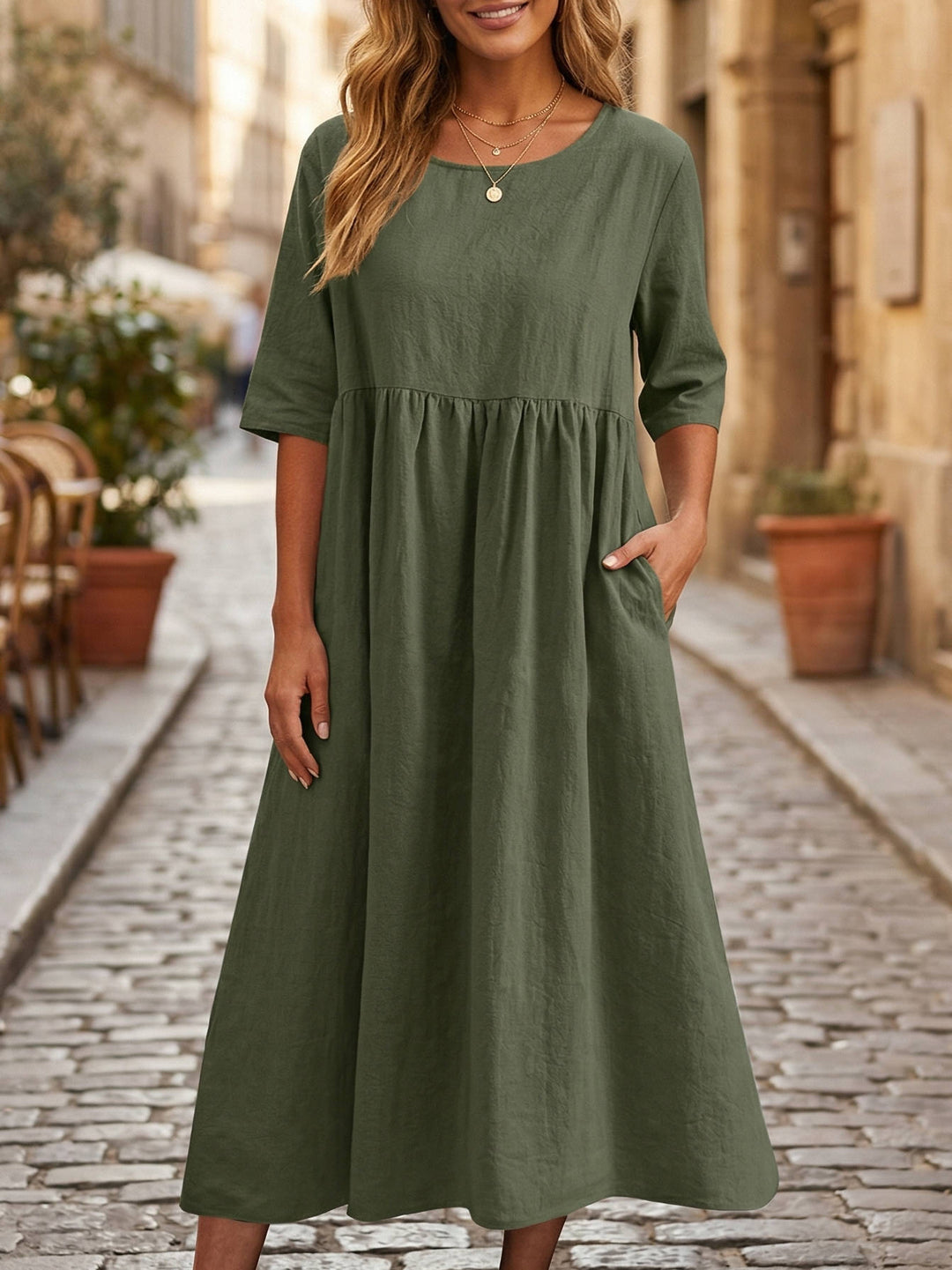 Women's Breathable Linen A-Line Midi Dress | Elegant Relaxed Fit Summer Dress 3
