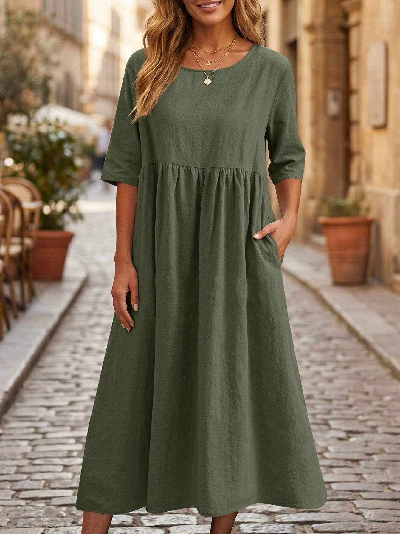 Women's Breathable Linen A-Line Midi Dress | Elegant Relaxed Fit Summer Dress 3
