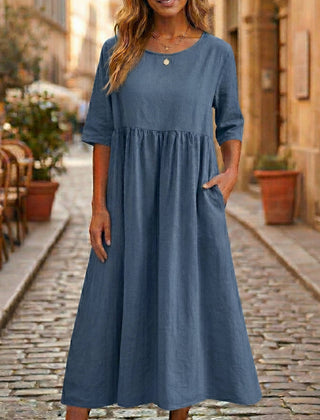 Women's Breathable Linen A-Line Midi Dress | Elegant Relaxed Fit Summer Dress 4