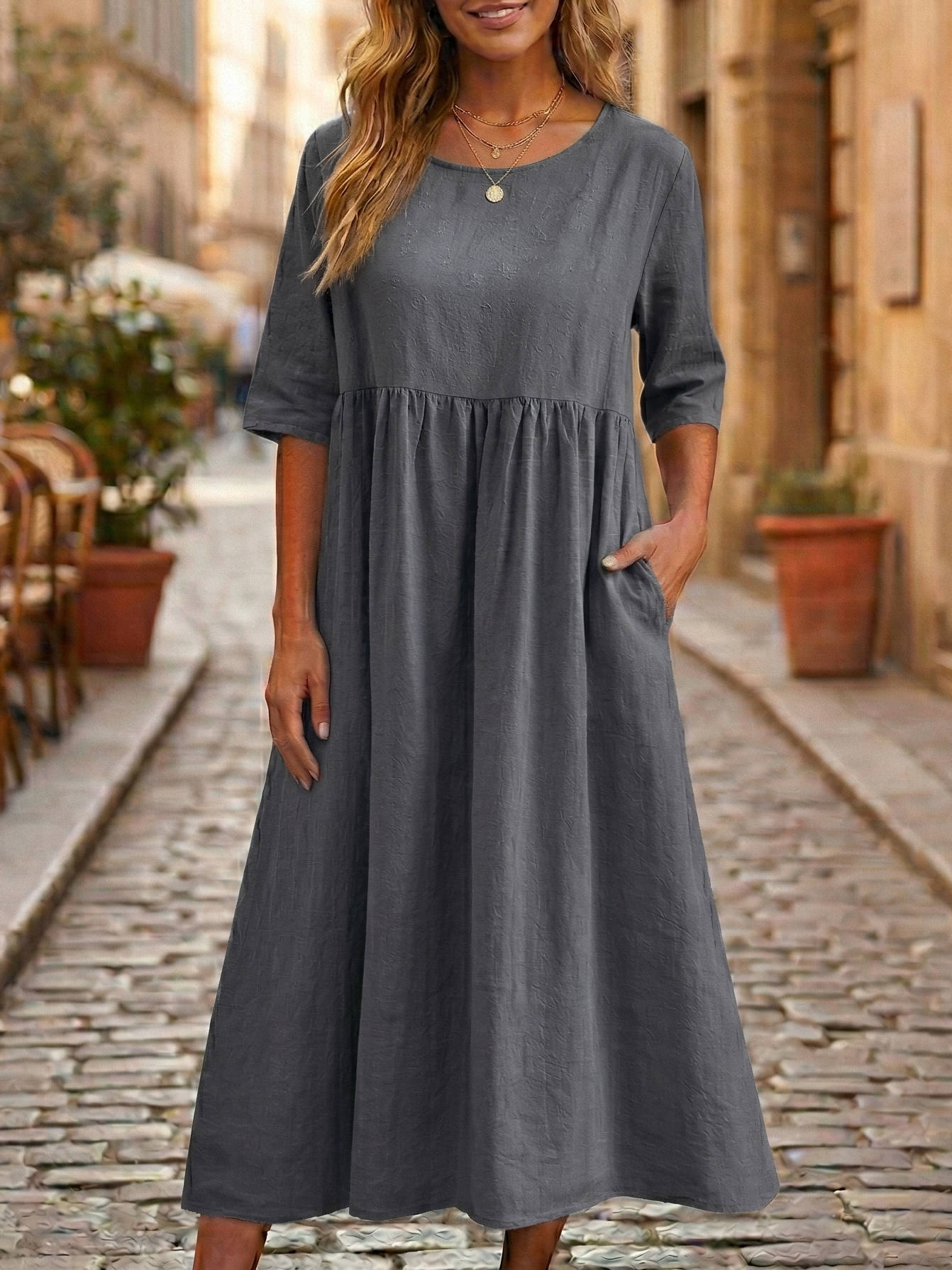 Women's Breathable Linen A-Line Midi Dress | Elegant Relaxed Fit Summer Dress 5