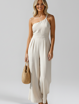 Women's Breathable Linen Jumpsuit | Elegant One-Shoulder Wide-Leg Summer Outfit 0