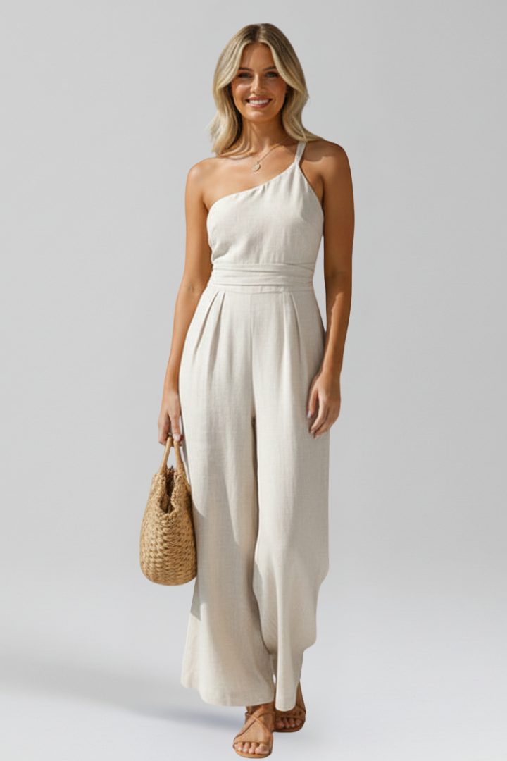 Women's Breathable Linen Jumpsuit | Elegant One-Shoulder Wide-Leg Summer Outfit 0