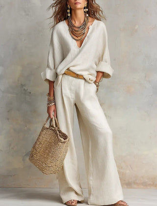 Women's Breathable Linen Two-Piece Set | Effortless Relaxed Wide Leg Outfit | Plus Size Women's Clothing 0