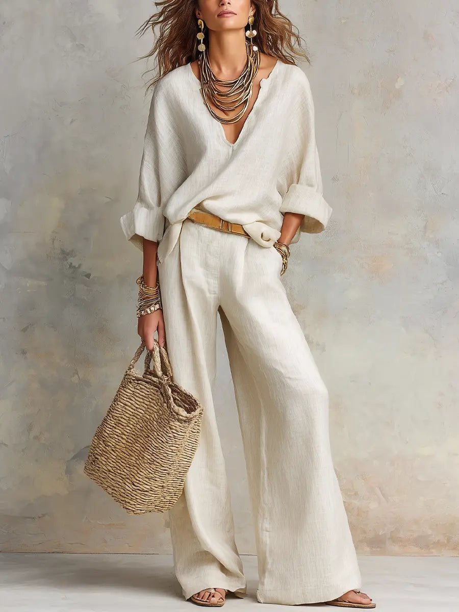 Women's Breathable Linen Two-Piece Set | Effortless Relaxed Wide Leg Outfit | Plus Size Women's Clothing 0