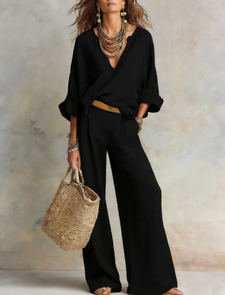 Women's Breathable Linen Two-Piece Set | Effortless Relaxed Wide Leg Outfit | Plus Size Women's Clothing 1