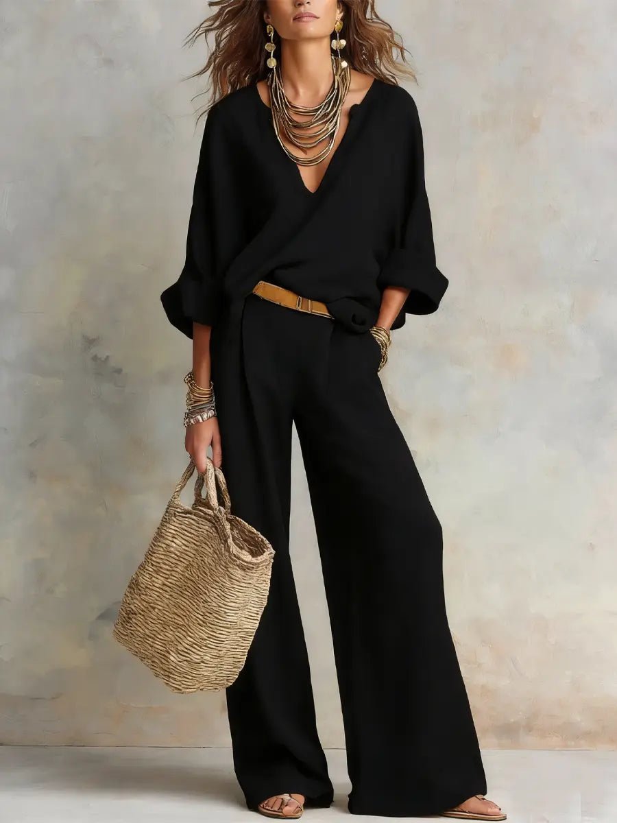 Women's Breathable Linen Two-Piece Set | Effortless Relaxed Wide Leg Outfit | Plus Size Women's Clothing 1