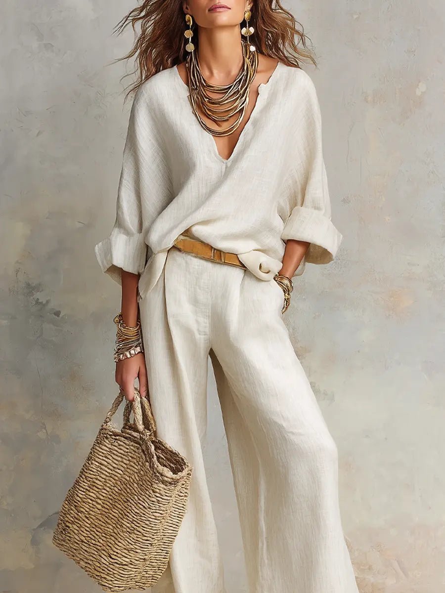 Women's Breathable Linen Two-Piece Set | Effortless Relaxed Wide Leg Outfit | Plus Size Women's Clothing 5