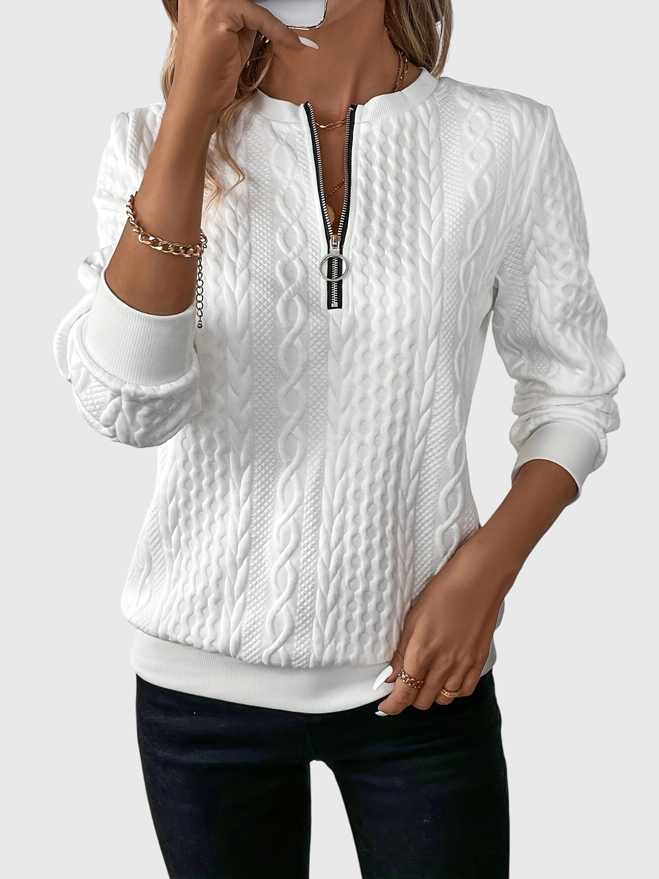 Women's Cable Knit Sweater | Stylish Quarter-Zip Pullover | Elegant Casual Winter Top 0