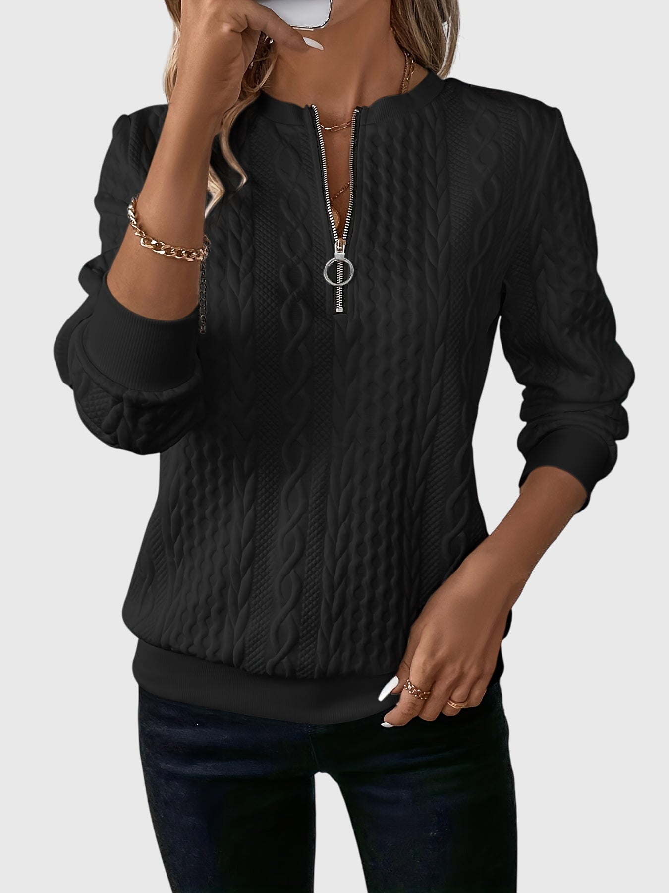 Women's Cable Knit Sweater | Stylish Quarter-Zip Pullover | Elegant Casual Winter Top 8