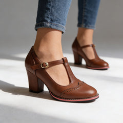 Women's Classic Leather T-Strap Mary Jane Pumps | Elegant Vintage Block Heel Shoes 4
