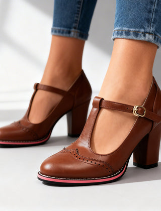Women's Classic Leather T-Strap Mary Jane Pumps | Elegant Vintage Block Heel Shoes 7