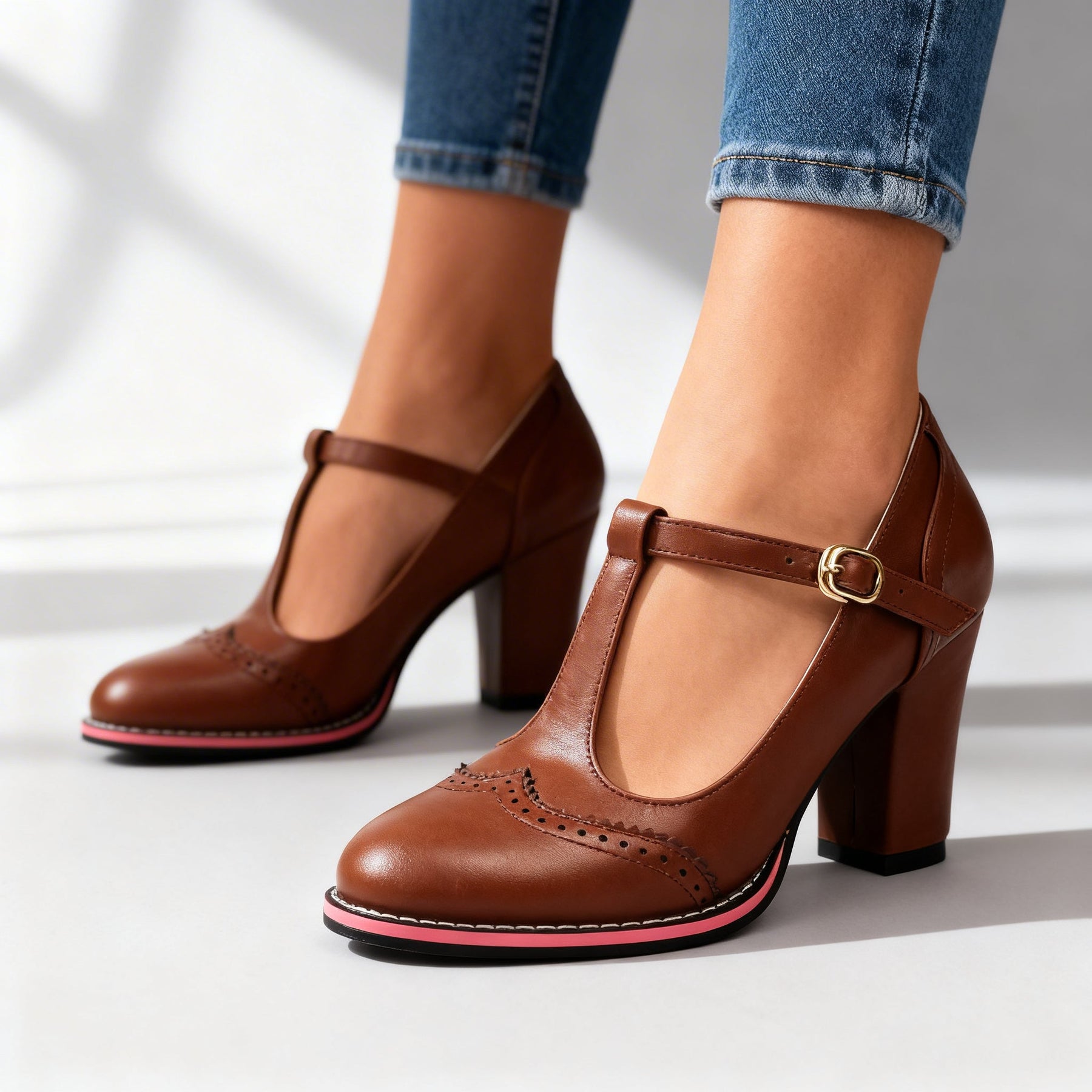 Women's Classic Leather T-Strap Mary Jane Pumps | Elegant Vintage Block Heel Shoes 7