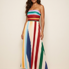 Women's Colorful Pleated Maxi Dress | Elegant Strapless Summer Gown 0