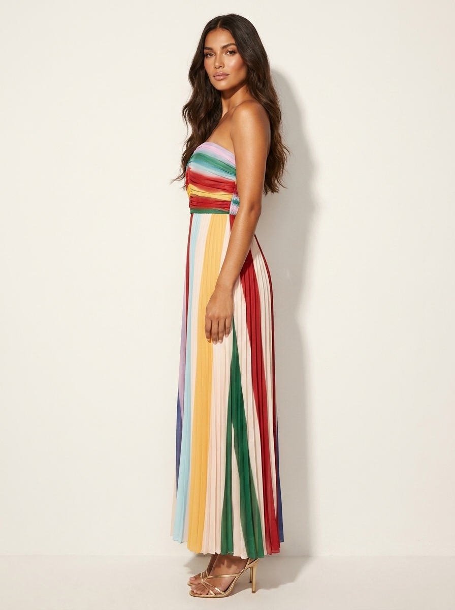 Women's Colorful Pleated Maxi Dress | Elegant Strapless Summer Gown 1