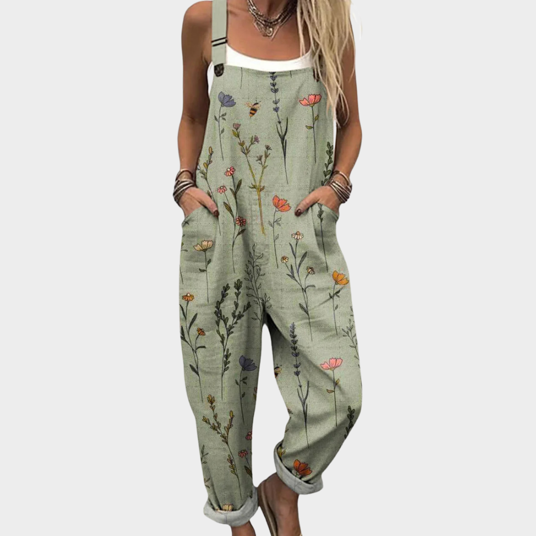 Women's Comfortable Printed Denim Dungarees | Relaxed Fit Casual Jumpsuit 0