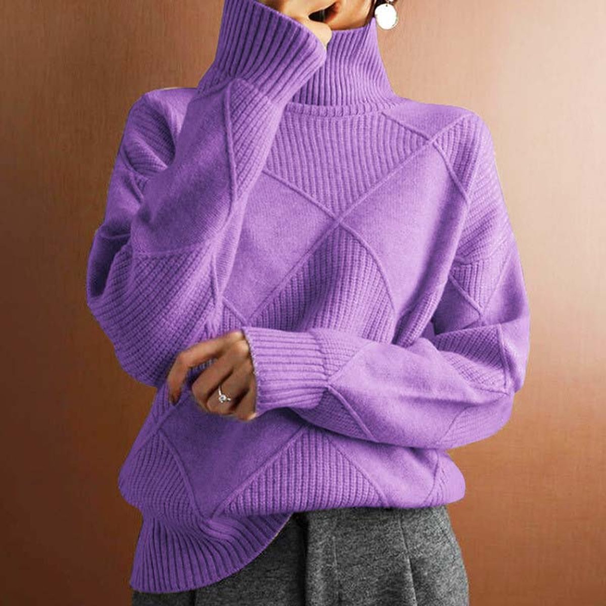 Women's Cozy Argyle Knit Turtleneck Sweater | Relaxed Fit Elegant Top 10