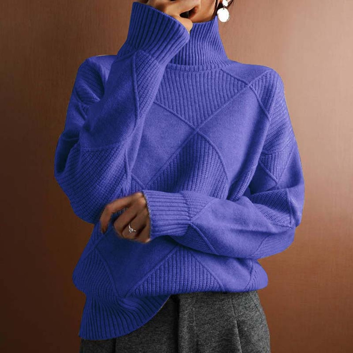 Women's Cozy Argyle Knit Turtleneck Sweater | Relaxed Fit Elegant Top 13