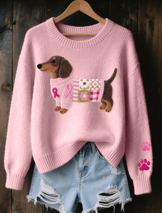 Women's Cozy Cotton Knit Sweater | Playful Dachshund Patchwork Jumper 0