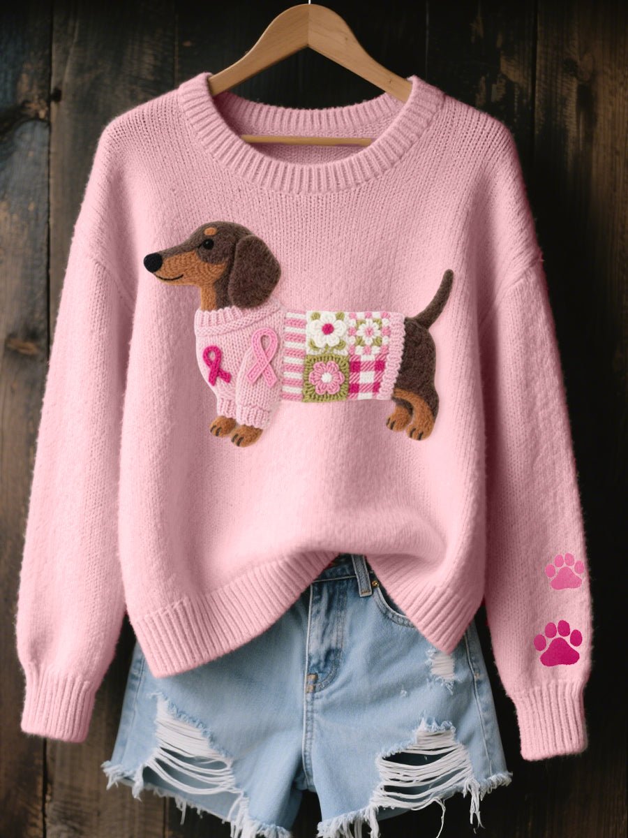 Women's Cozy Cotton Knit Sweater | Playful Dachshund Patchwork Jumper 0