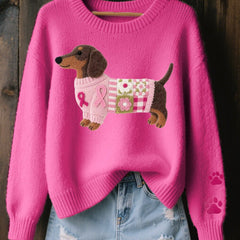 Women's Cozy Cotton Knit Sweater | Playful Dachshund Patchwork Jumper 1
