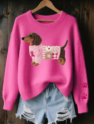 Women's Cozy Cotton Knit Sweater | Playful Dachshund Patchwork Jumper 1