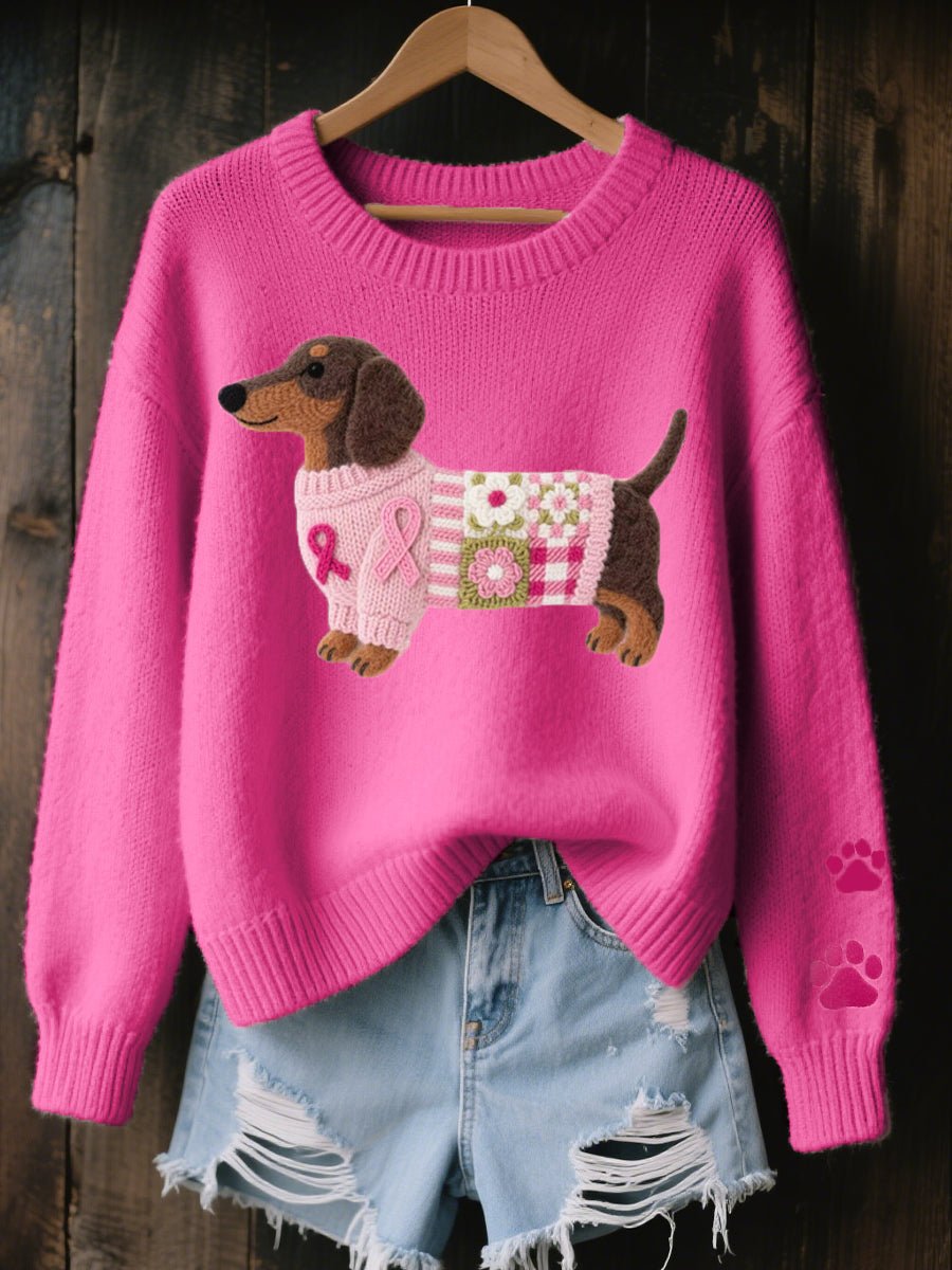 Women's Cozy Cotton Knit Sweater | Playful Dachshund Patchwork Jumper 1