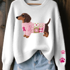 Women's Cozy Cotton Knit Sweater | Playful Dachshund Patchwork Jumper 2