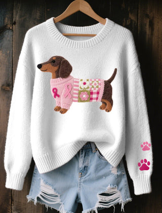 Women's Cozy Cotton Knit Sweater | Playful Dachshund Patchwork Jumper 2