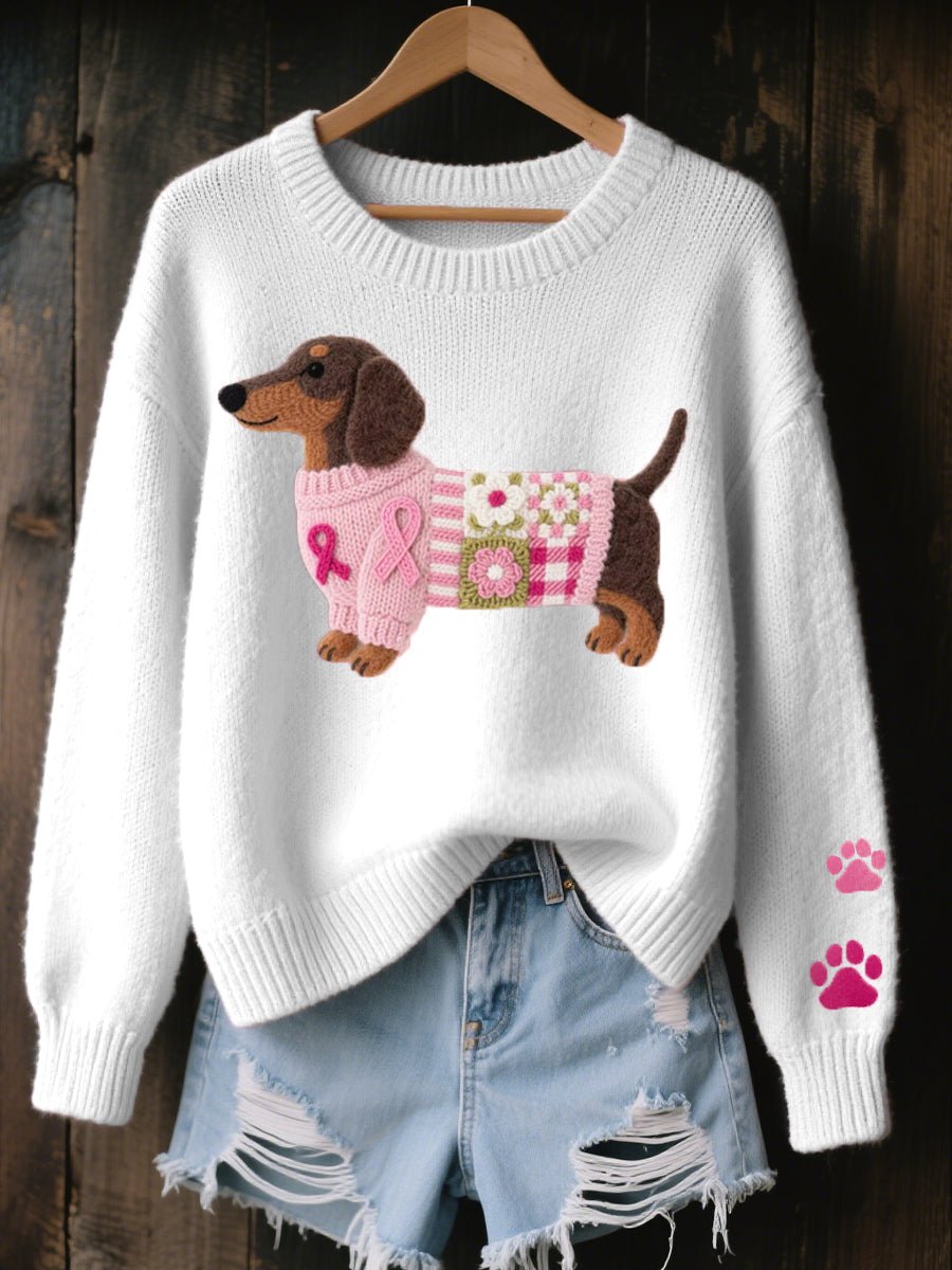 Women's Cozy Cotton Knit Sweater | Playful Dachshund Patchwork Jumper 2