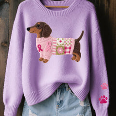 Women's Cozy Cotton Knit Sweater | Playful Dachshund Patchwork Jumper 3