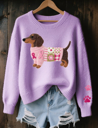 Women's Cozy Cotton Knit Sweater | Playful Dachshund Patchwork Jumper 3
