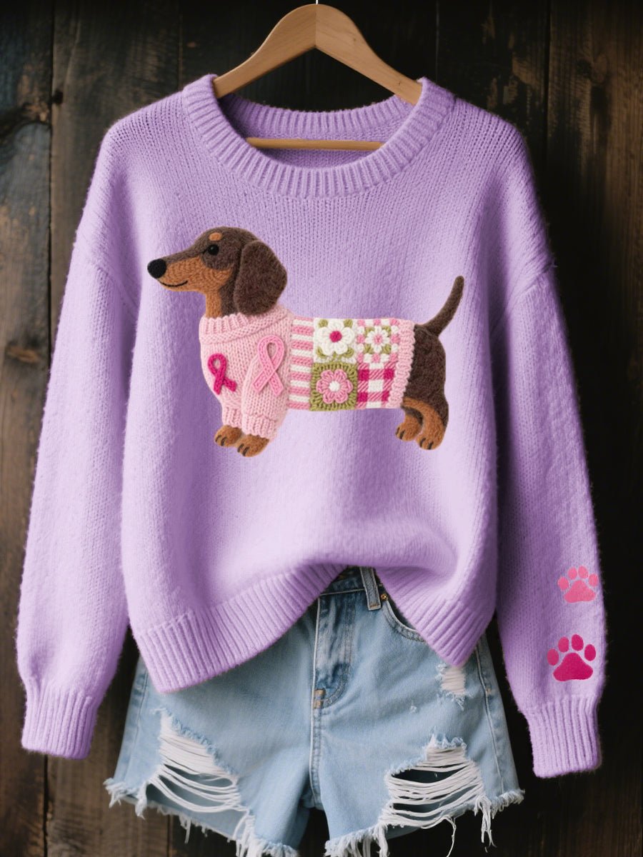 Women's Cozy Cotton Knit Sweater | Playful Dachshund Patchwork Jumper 3
