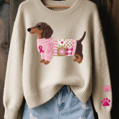 Women's Cozy Cotton Knit Sweater | Playful Dachshund Patchwork Jumper 4