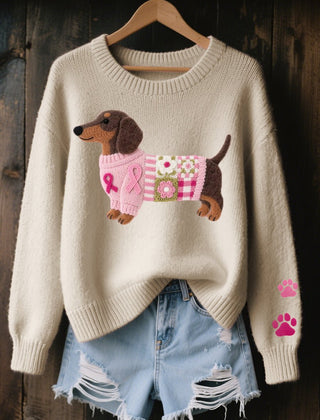 Women's Cozy Cotton Knit Sweater | Playful Dachshund Patchwork Jumper 4