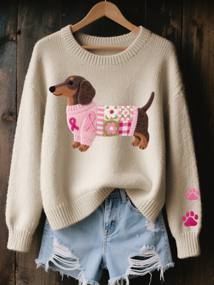 Women's Cozy Cotton Knit Sweater | Playful Dachshund Patchwork Jumper 4