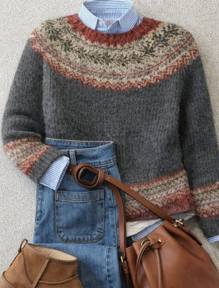 Women's Cozy Knit Sweater | Relaxed-Fit Fair Isle Design | Earthy Tones 0