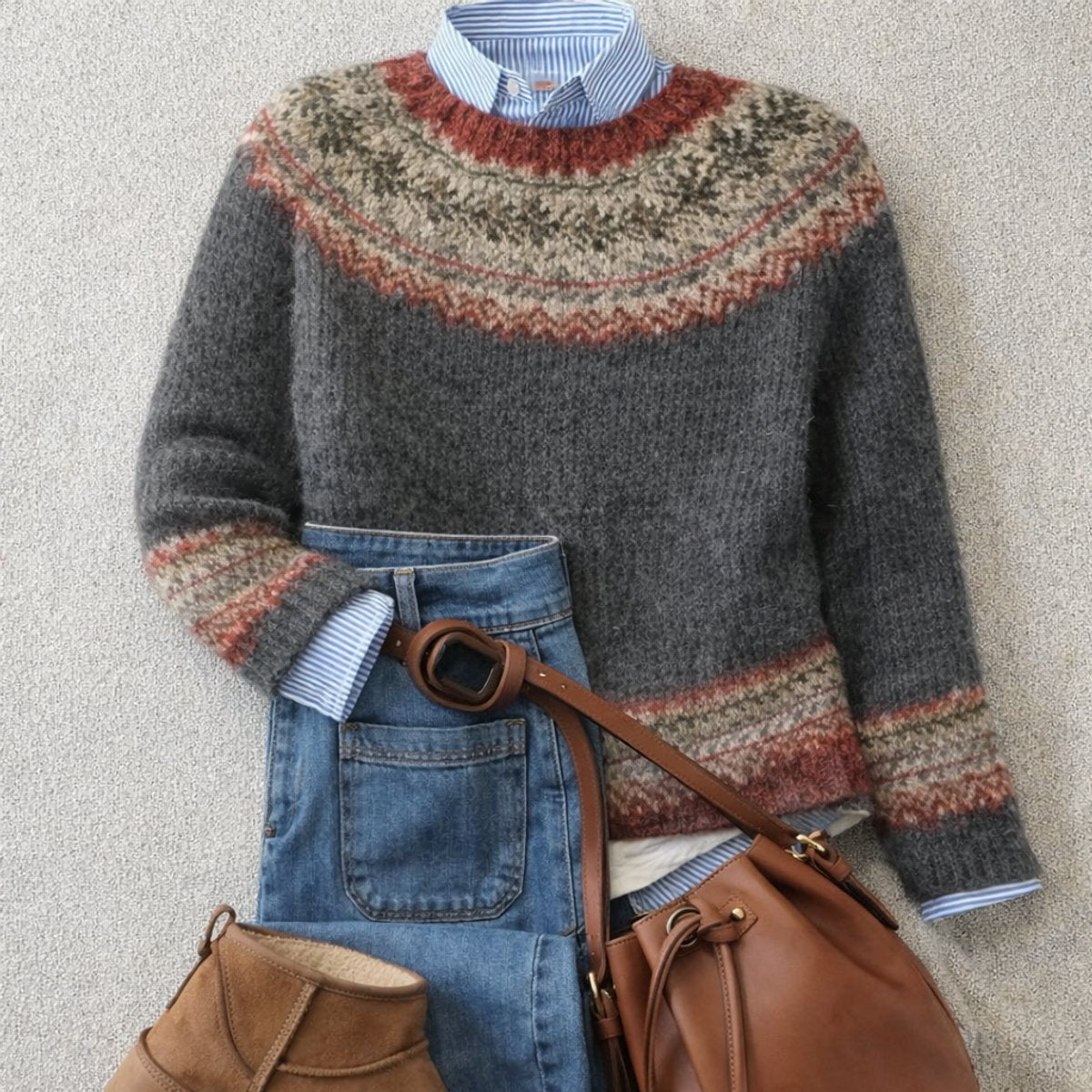 Women's Cozy Knit Sweater | Relaxed-Fit Fair Isle Design | Earthy Tones 0