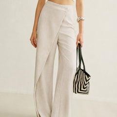 Women's Cream High-Waist Asymmetric Wrap Wide Leg Pants | Elegant Tailored Fashion Trousers 0