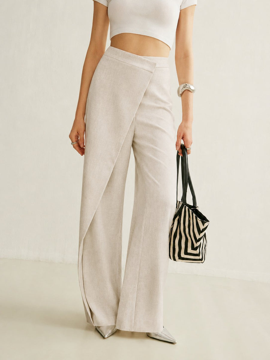 Women's Cream High-Waist Asymmetric Wrap Wide Leg Pants | Elegant Tailored Fashion Trousers 0