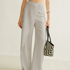 Women's Cream High-Waist Asymmetric Wrap Wide Leg Pants | Elegant Tailored Fashion Trousers 1