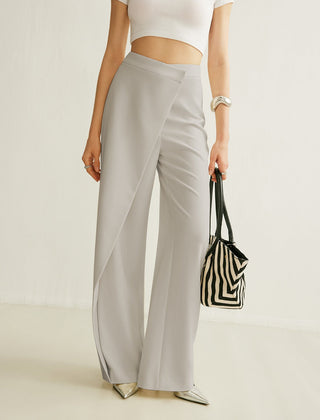 Women's Cream High-Waist Asymmetric Wrap Wide Leg Pants | Elegant Tailored Fashion Trousers 1