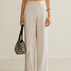 Women's Cream High-Waist Asymmetric Wrap Wide Leg Pants | Elegant Tailored Fashion Trousers 2