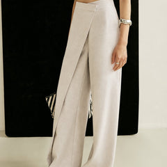 Women's Cream High-Waist Asymmetric Wrap Wide Leg Pants | Elegant Tailored Fashion Trousers 3