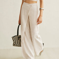 Women's Cream High-Waist Asymmetric Wrap Wide Leg Pants | Elegant Tailored Fashion Trousers 4