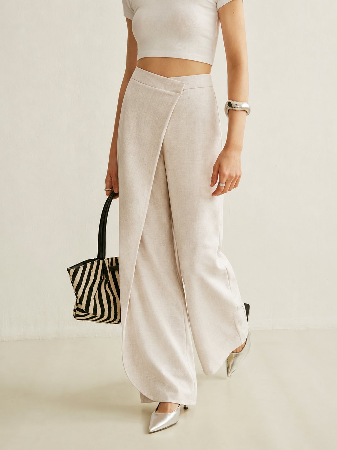 Women's Cream High-Waist Asymmetric Wrap Wide Leg Pants | Elegant Tailored Fashion Trousers 4