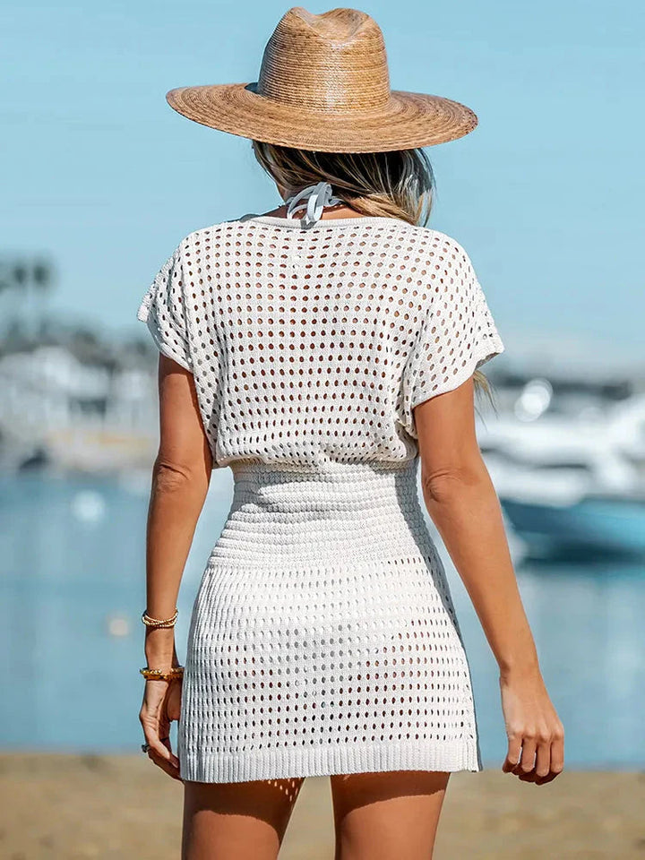 Women's Crochet Eyelet Mini Dress | Elegant V-Neck Short Sleeve Summer Dress 4
